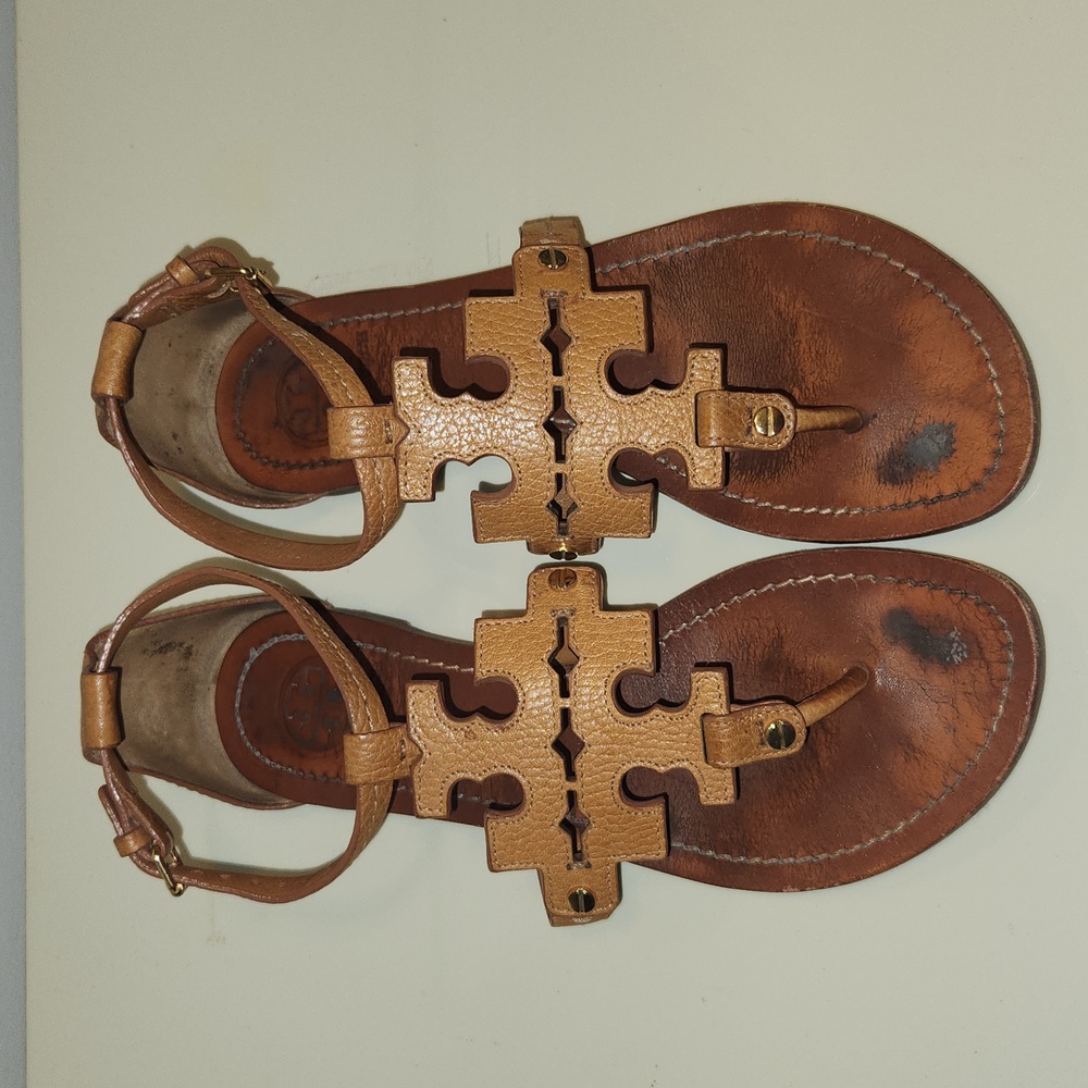 Tory Burch Phoebe Leather Flat Thong Sandal Royal Tan Brown